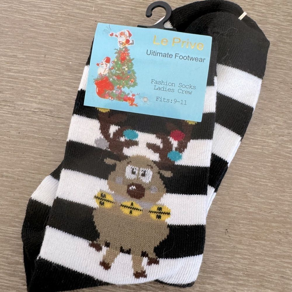 Le Prive Christmas Reindeer Striped Holiday Fun Socks